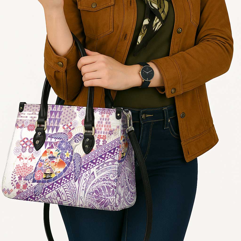 Hawaiian and Japanese Culture Together Leather Bag Tropical Honu with Japanese Elements Purple Color