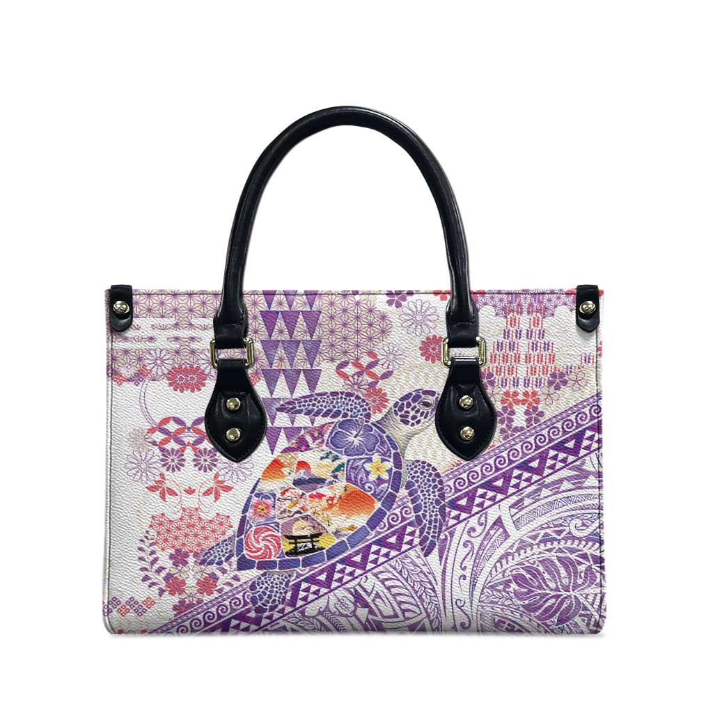 Hawaiian and Japanese Culture Together Leather Bag Tropical Honu with Japanese Elements Purple Color