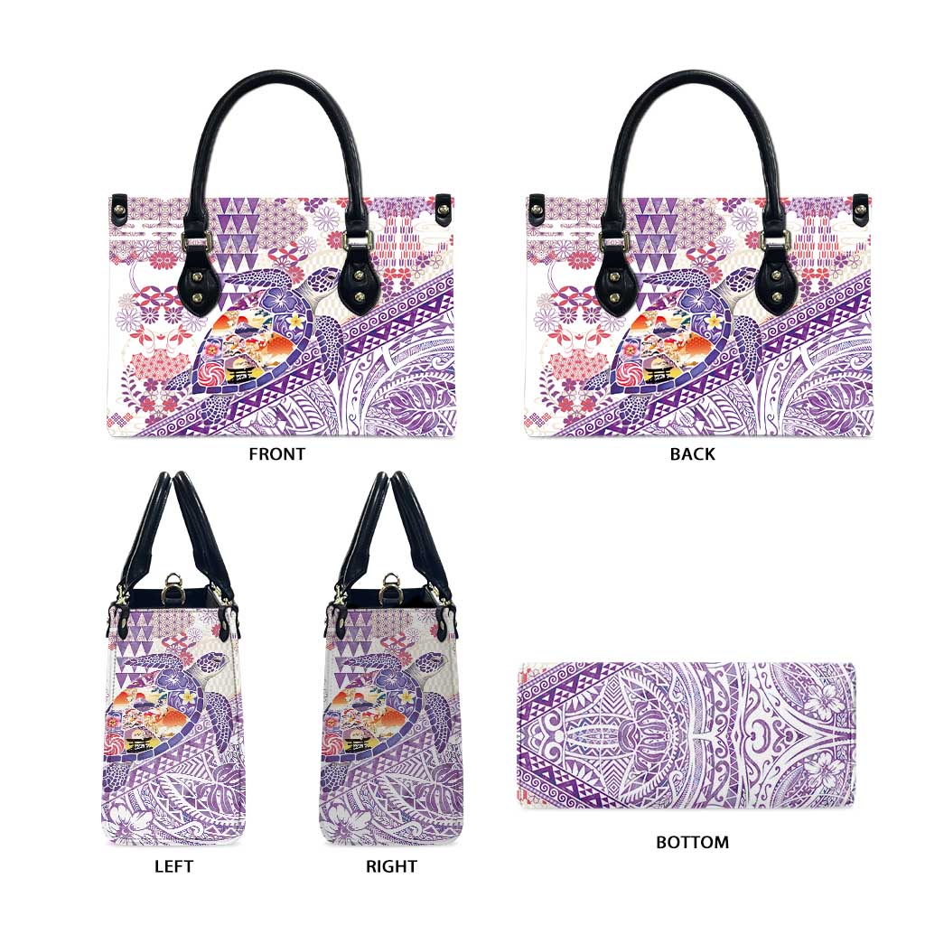 Hawaiian and Japanese Culture Together Leather Bag Tropical Honu with Japanese Elements Purple Color