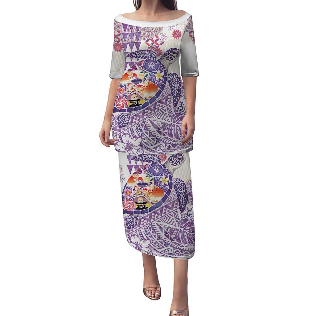 Hawaiian and Japanese Culture Together Puletasi Tropical Honu with Japanese Elements Purple Color