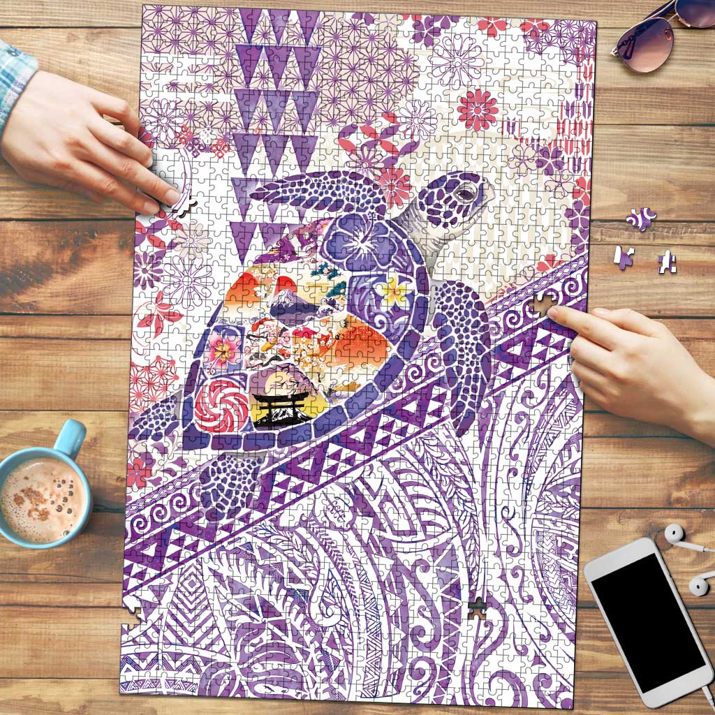 Hawaiian and Japanese Culture Together Puzzle Tropical Honu with Japanese Elements Purple Color