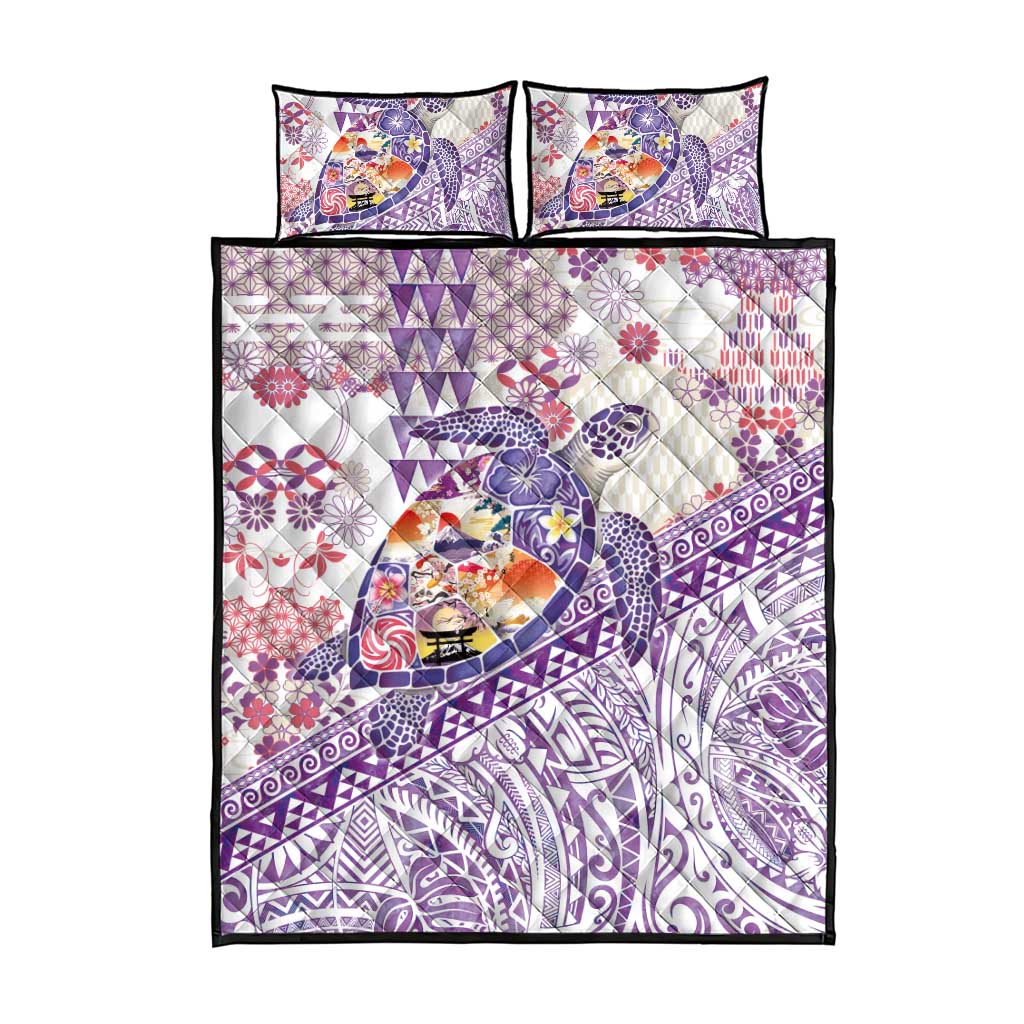 Hawaiian and Japanese Culture Together Quilt Bed Set Tropical Honu with Japanese Elements Purple Color