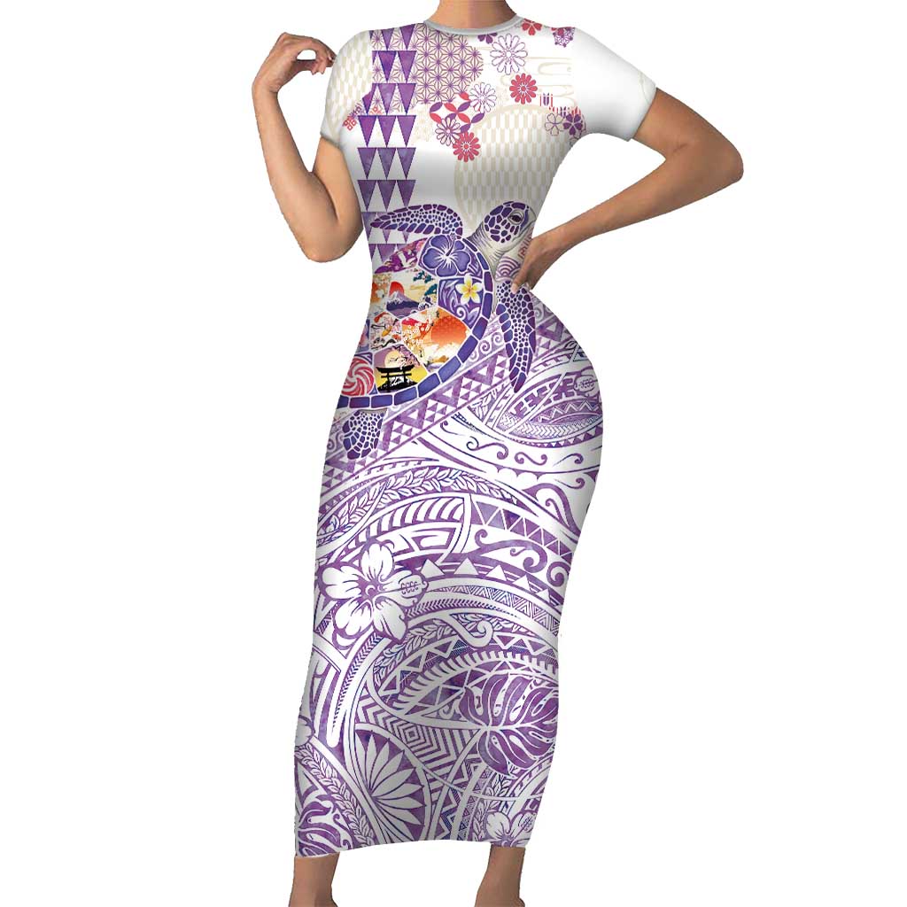 Hawaiian and Japanese Culture Together Short Sleeve Bodycon Dress Tropical Honu with Japanese Elements Purple Color LT03 Long Dress Purple - Polynesian Pride