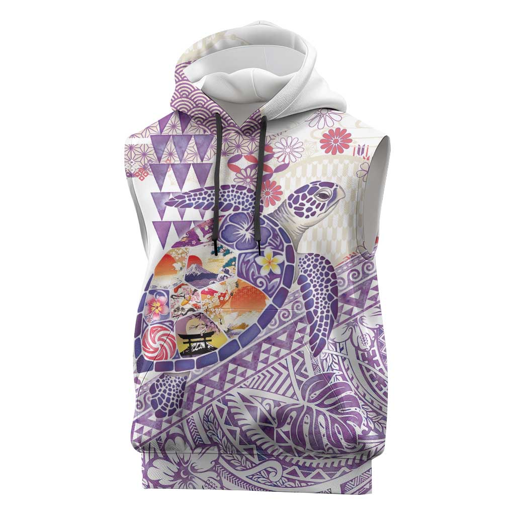 Hawaiian and Japanese Culture Together Sleeveless Hoodie Tropical Honu with Japanese Elements Purple Color