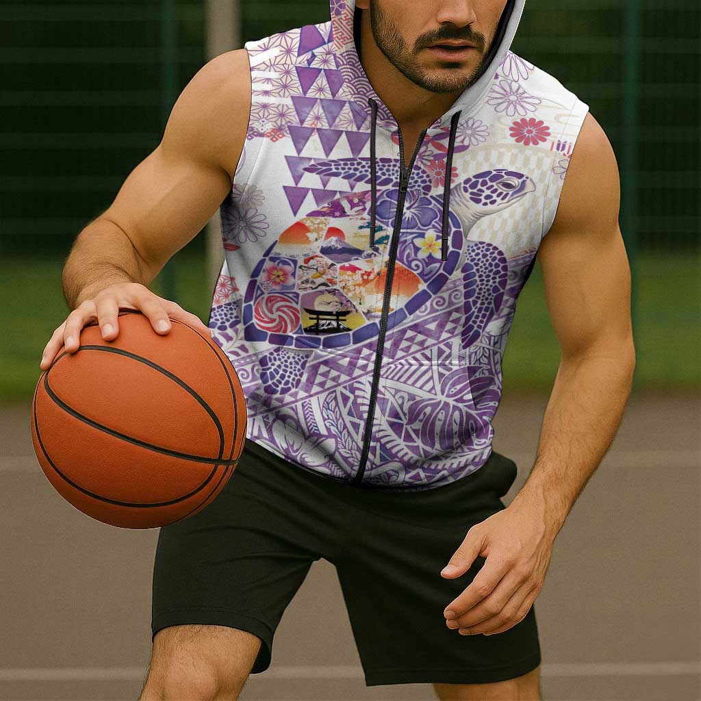 Hawaiian and Japanese Culture Together Sleeveless Zip Hoodie Tropical Honu with Japanese Elements Purple Color