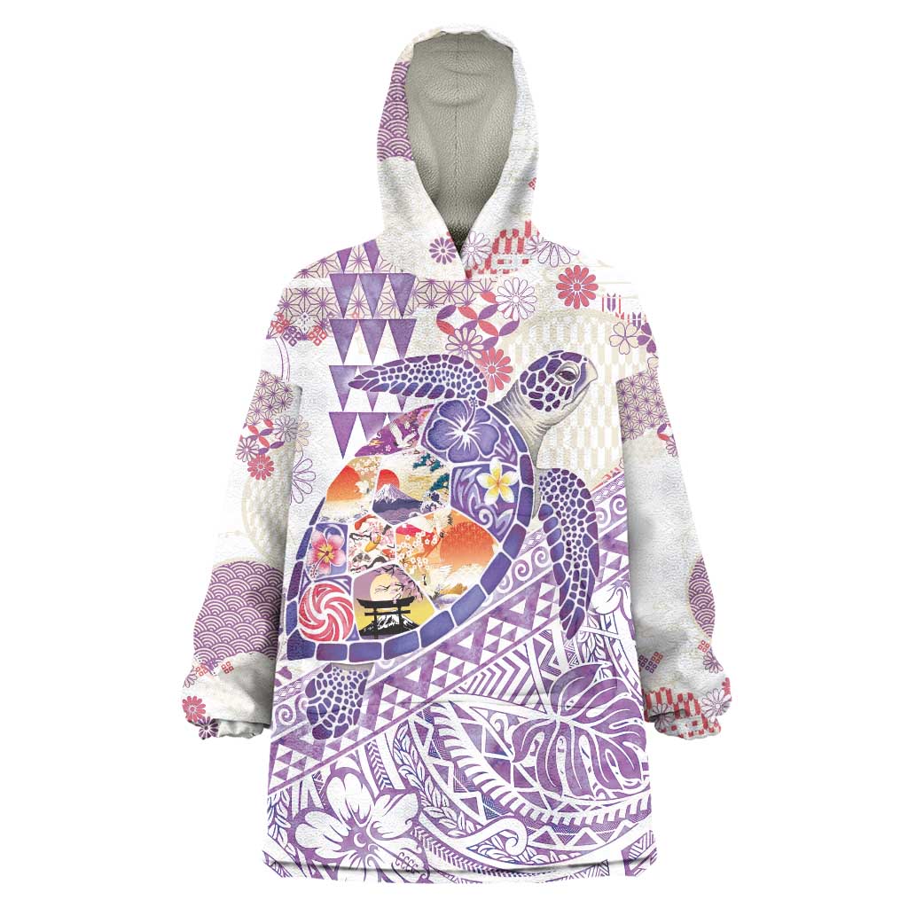 Hawaiian and Japanese Culture Together Wearable Blanket Hoodie Tropical Honu with Japanese Elements Purple Color LT03 One Size Purple - Polynesian Pride
