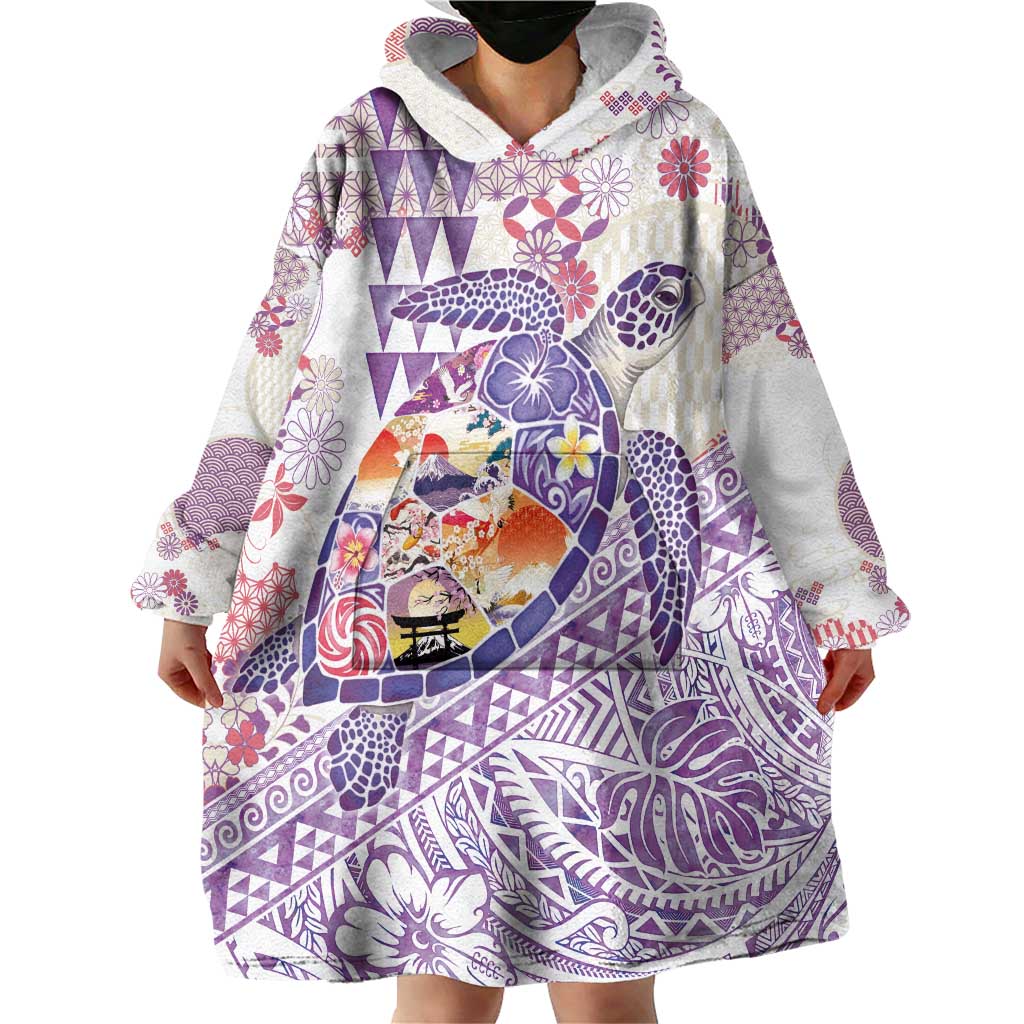 Hawaiian and Japanese Culture Together Wearable Blanket Hoodie Tropical Honu with Japanese Elements Purple Color LT03 - Polynesian Pride