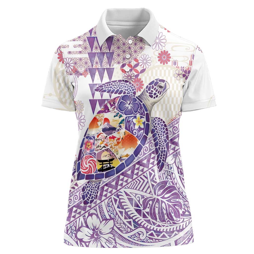 Hawaiian and Japanese Culture Together Women Polo Shirt Tropical Honu with Japanese Elements Purple Color