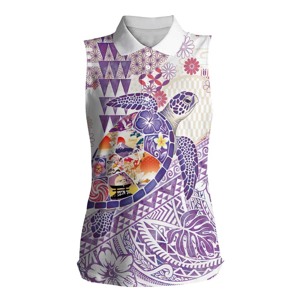 Hawaiian and Japanese Culture Together Women Sleeveless Polo Shirt Tropical Honu with Japanese Elements Purple Color