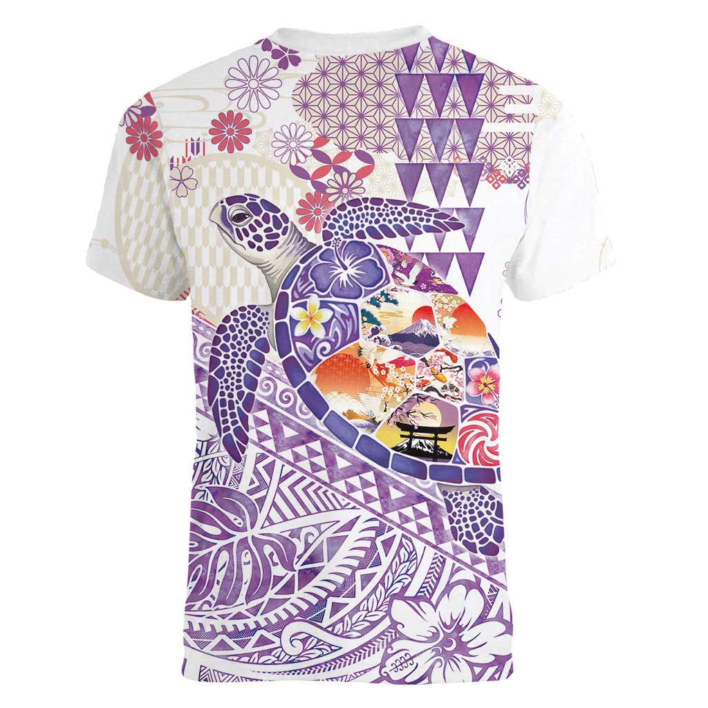 Hawaiian and Japanese Culture Together Women V-Neck T-Shirt Tropical Honu with Japanese Elements Purple Color