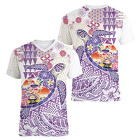 Hawaiian and Japanese Culture Together Women V-Neck T-Shirt Tropical Honu with Japanese Elements Purple Color