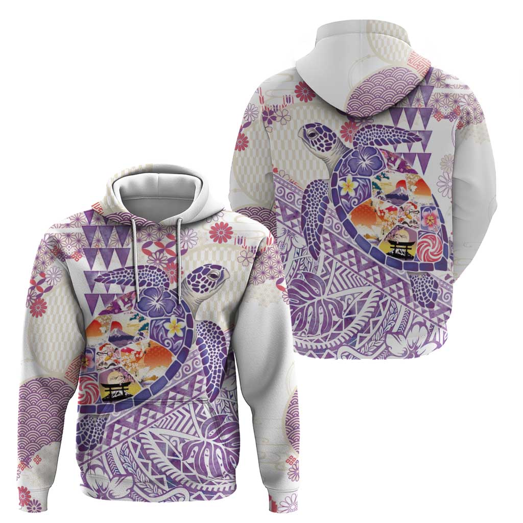 Hawaiian and Japanese Culture Together Zip Hoodie Tropical Honu with Japanese Elements Purple Color