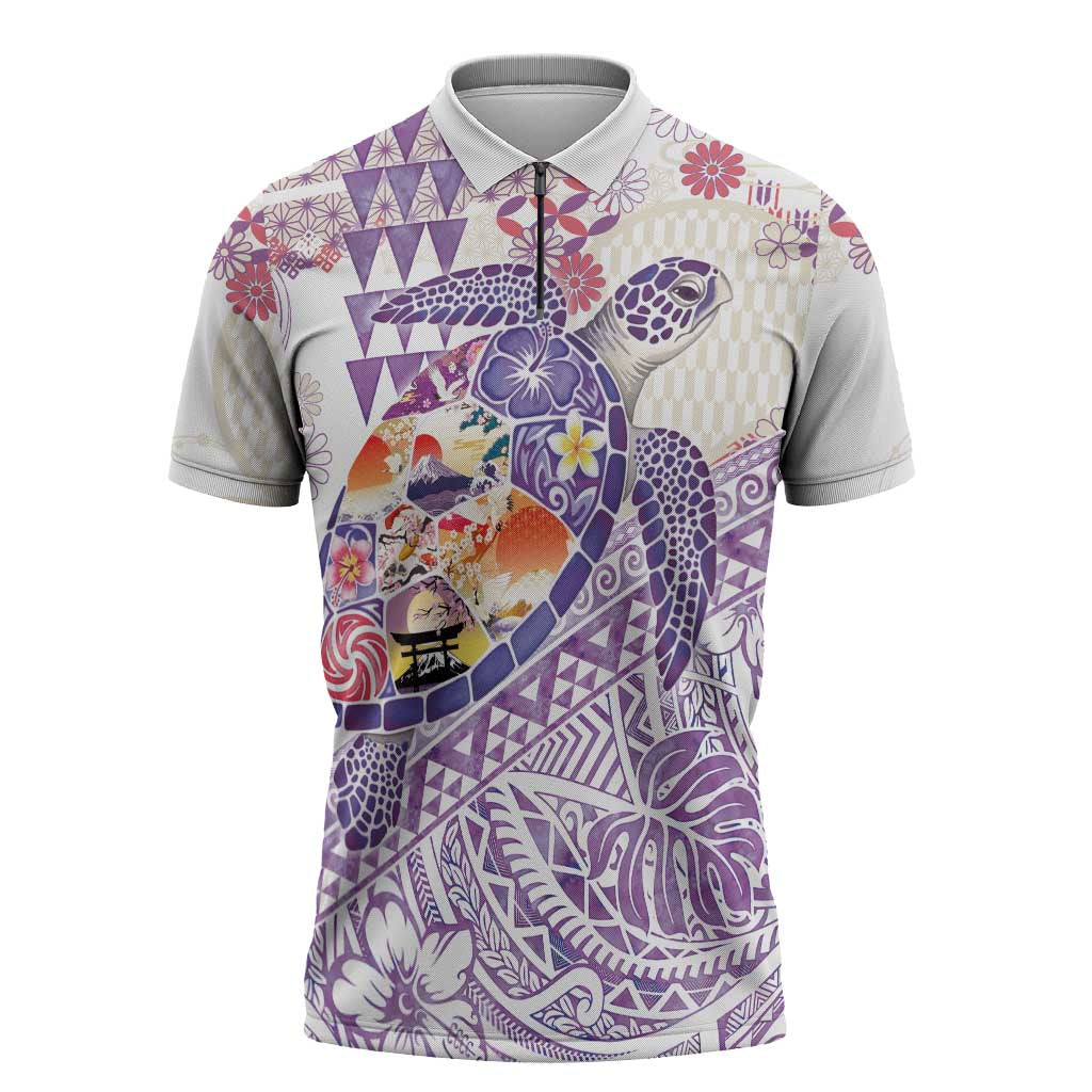 Hawaiian and Japanese Culture Together Zipper Polo Shirt Tropical Honu with Japanese Elements Purple Color