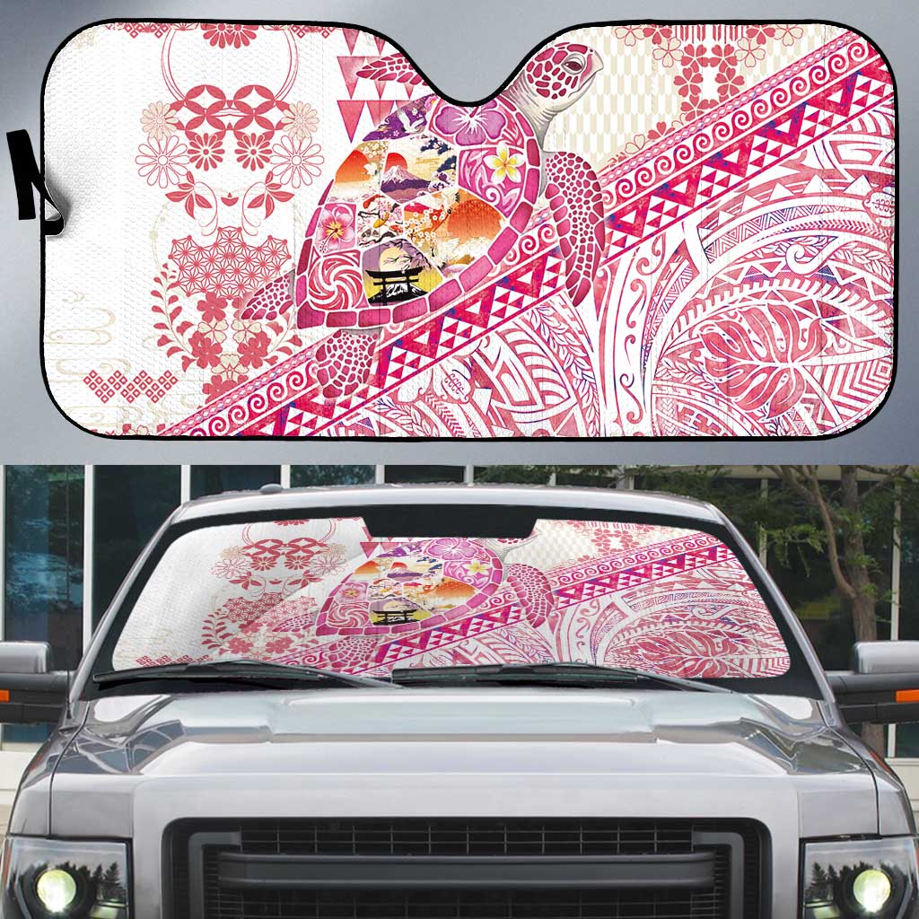 Hawaiian and Japanese Culture Together Auto Sun Shade Tropical Honu with Japanese Elements Pink Color