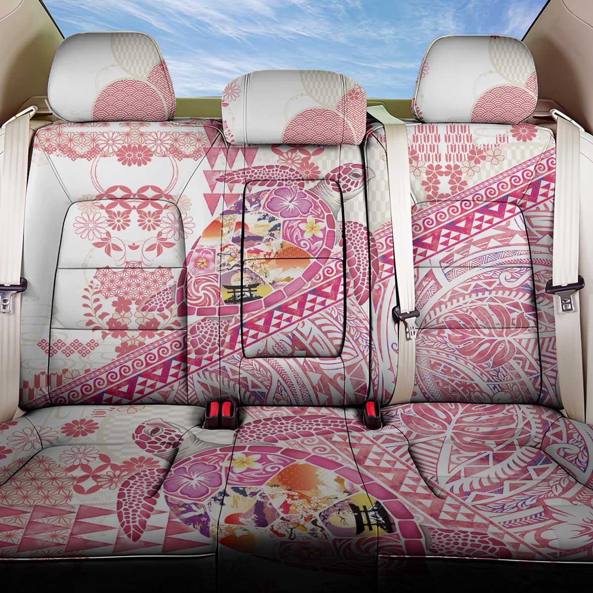 Hawaiian and Japanese Culture Together Back Car Seat Cover Tropical Honu with Japanese Elements Pink Color