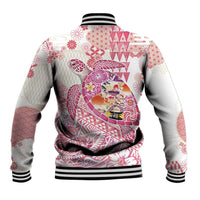 Hawaiian and Japanese Culture Together Baseball Jacket Tropical Honu with Japanese Elements Pink Color