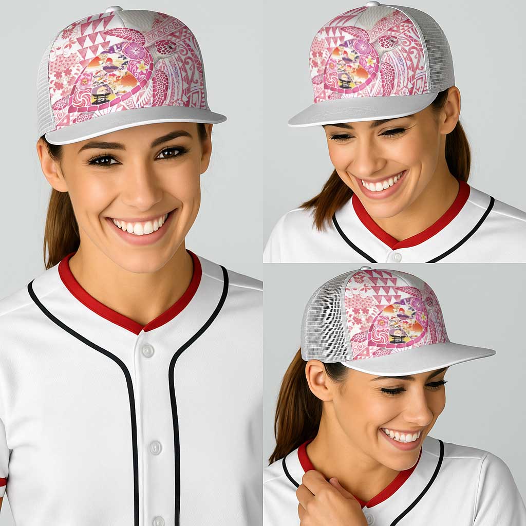 Hawaiian and Japanese Culture Together Baseball Net Cap Tropical Honu with Japanese Elements Pink Color