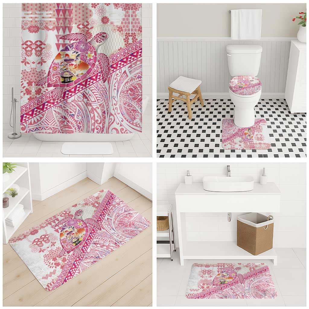 Hawaiian and Japanese Culture Together Bathroom Set Tropical Honu with Japanese Elements Pink Color