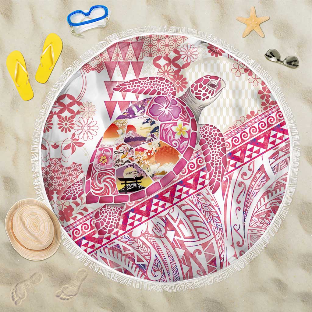 Hawaiian and Japanese Culture Together Beach Blanket Tropical Honu with Japanese Elements Pink Color LT03 One Size 150cm Pink - Polynesian Pride