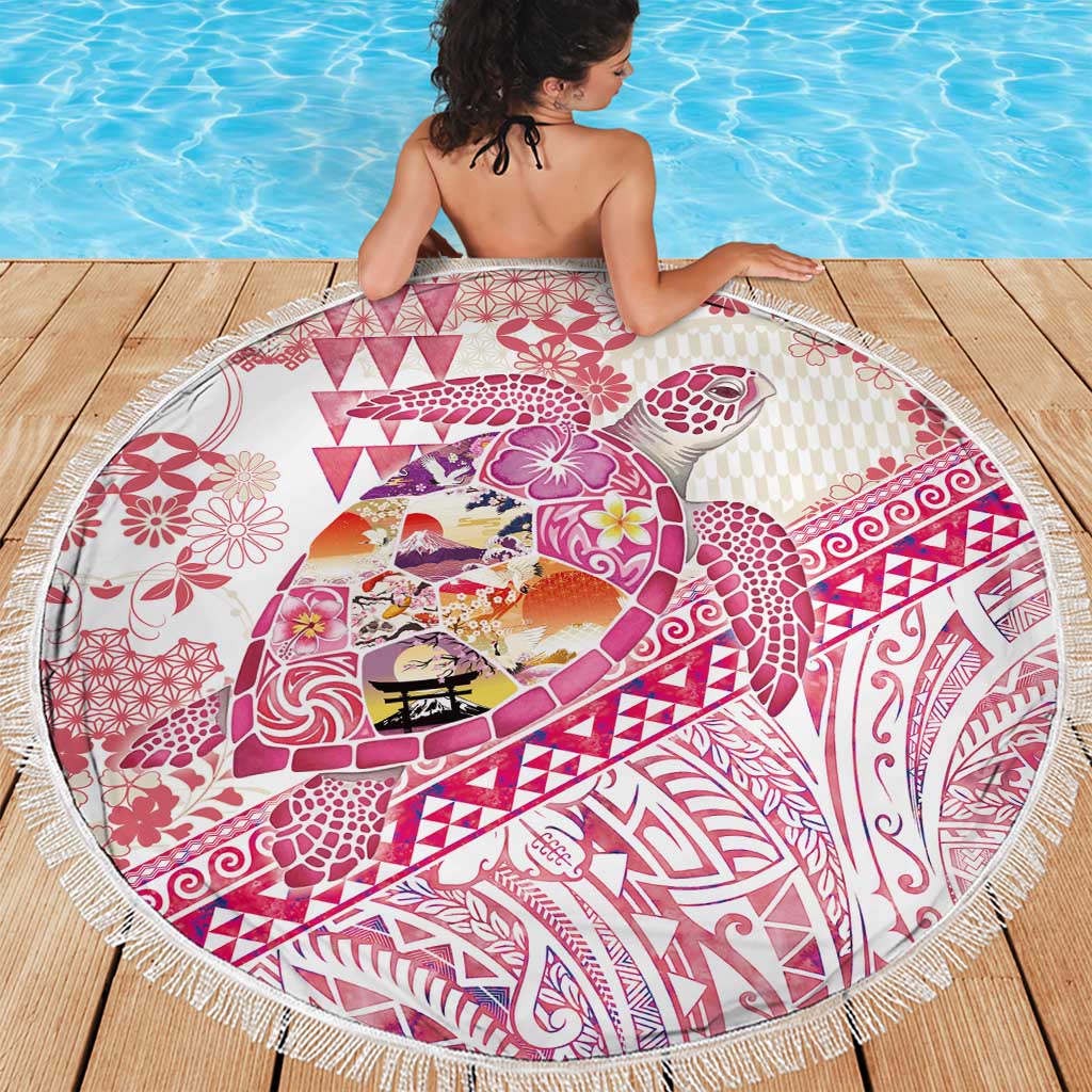 Hawaiian and Japanese Culture Together Beach Blanket Tropical Honu with Japanese Elements Pink Color LT03 - Polynesian Pride