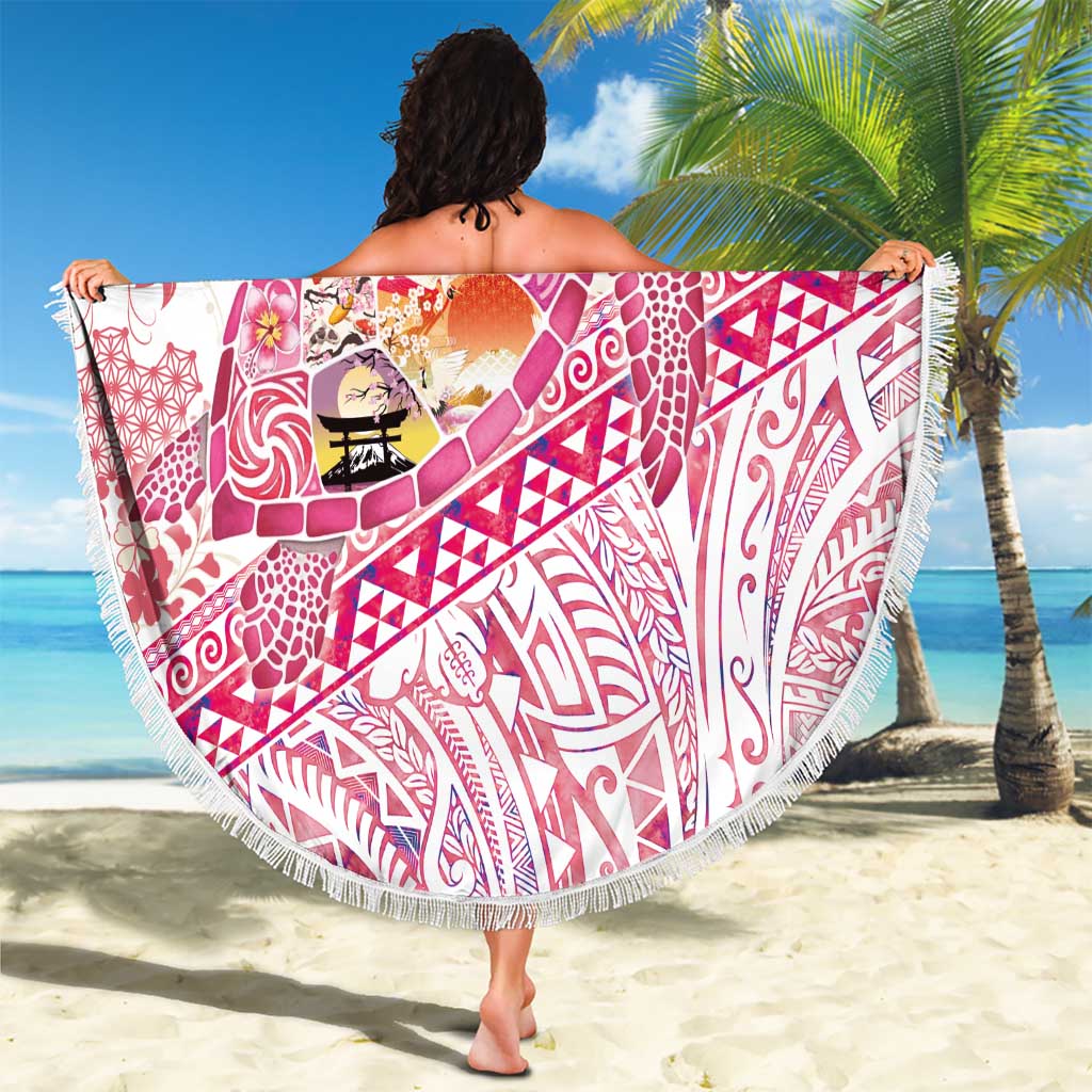 Hawaiian and Japanese Culture Together Beach Blanket Tropical Honu with Japanese Elements Pink Color LT03 - Polynesian Pride