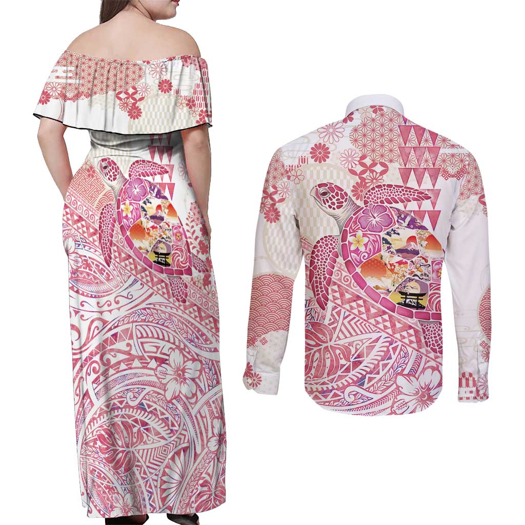 Hawaiian and Japanese Culture Together Couples Matching Off Shoulder Maxi Dress and Long Sleeve Button Shirt Tropical Honu with Japanese Elements Pink Color