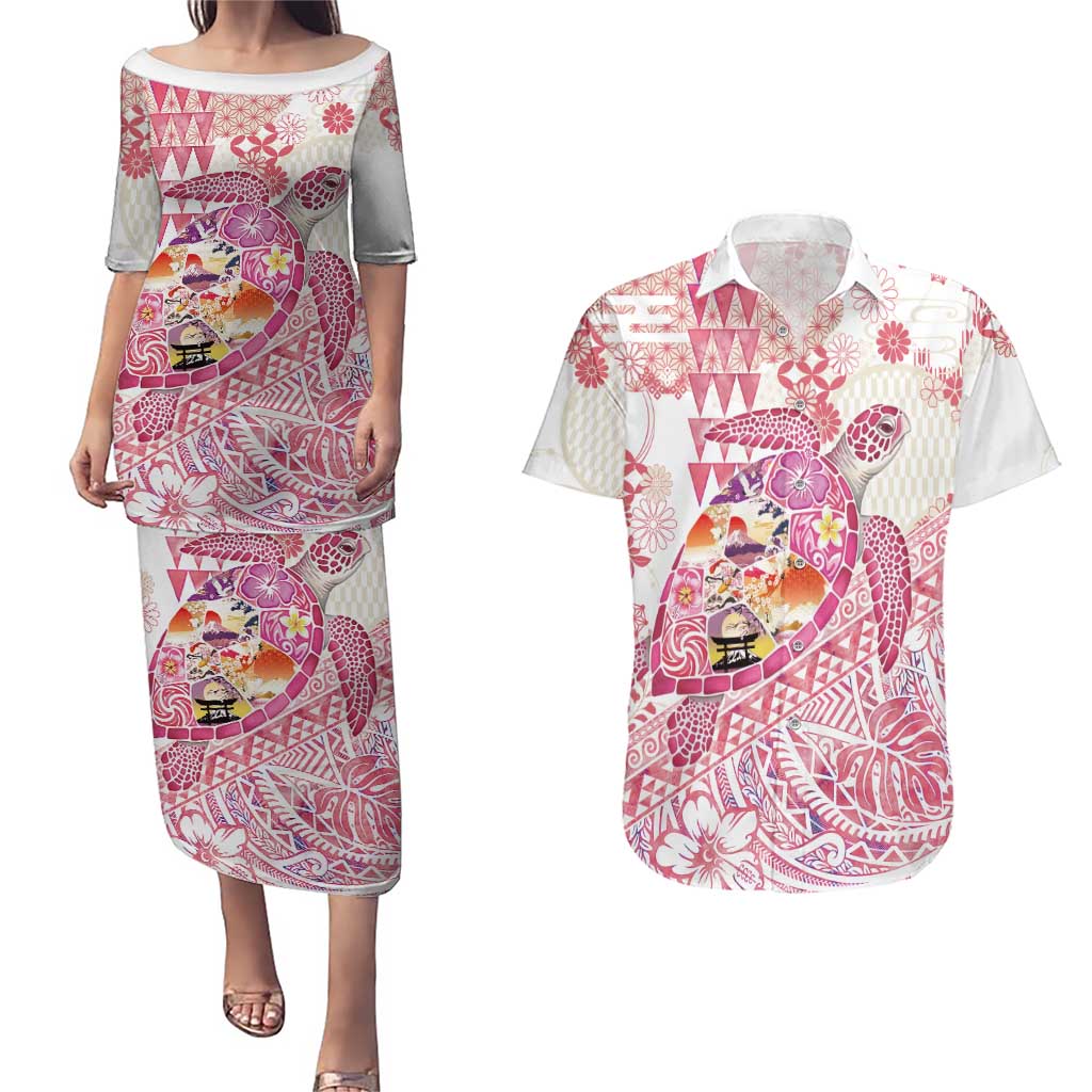 Hawaiian and Japanese Culture Together Couples Matching Puletasi and Hawaiian Shirt Tropical Honu with Japanese Elements Pink Color