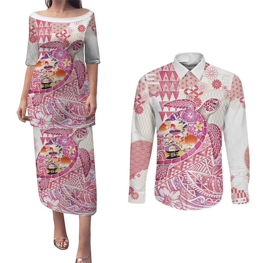 Hawaiian and Japanese Culture Together Couples Matching Puletasi and Long Sleeve Button Shirt Tropical Honu with Japanese Elements Pink Color