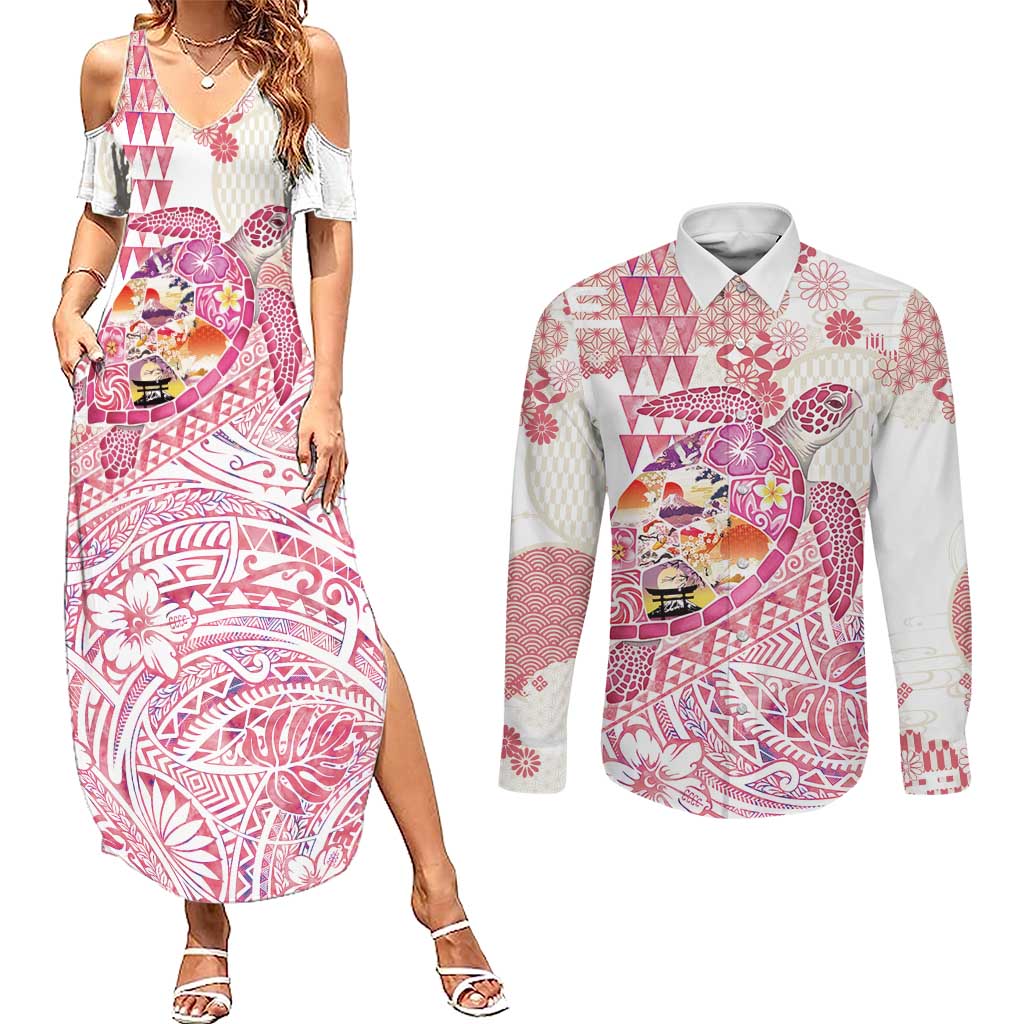 Hawaiian and Japanese Culture Together Couples Matching Summer Maxi Dress and Long Sleeve Button Shirt Tropical Honu with Japanese Elements Pink Color