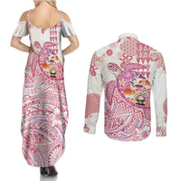 Hawaiian and Japanese Culture Together Couples Matching Summer Maxi Dress and Long Sleeve Button Shirt Tropical Honu with Japanese Elements Pink Color