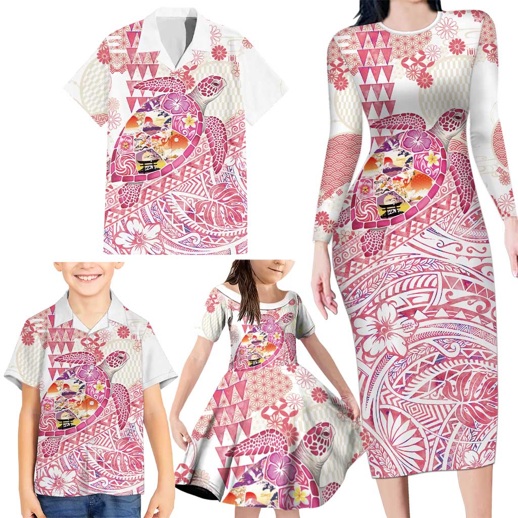 Hawaiian and Japanese Culture Together Family Matching Long Sleeve Bodycon Dress and Hawaiian Shirt Tropical Honu with Japanese Elements Pink Color