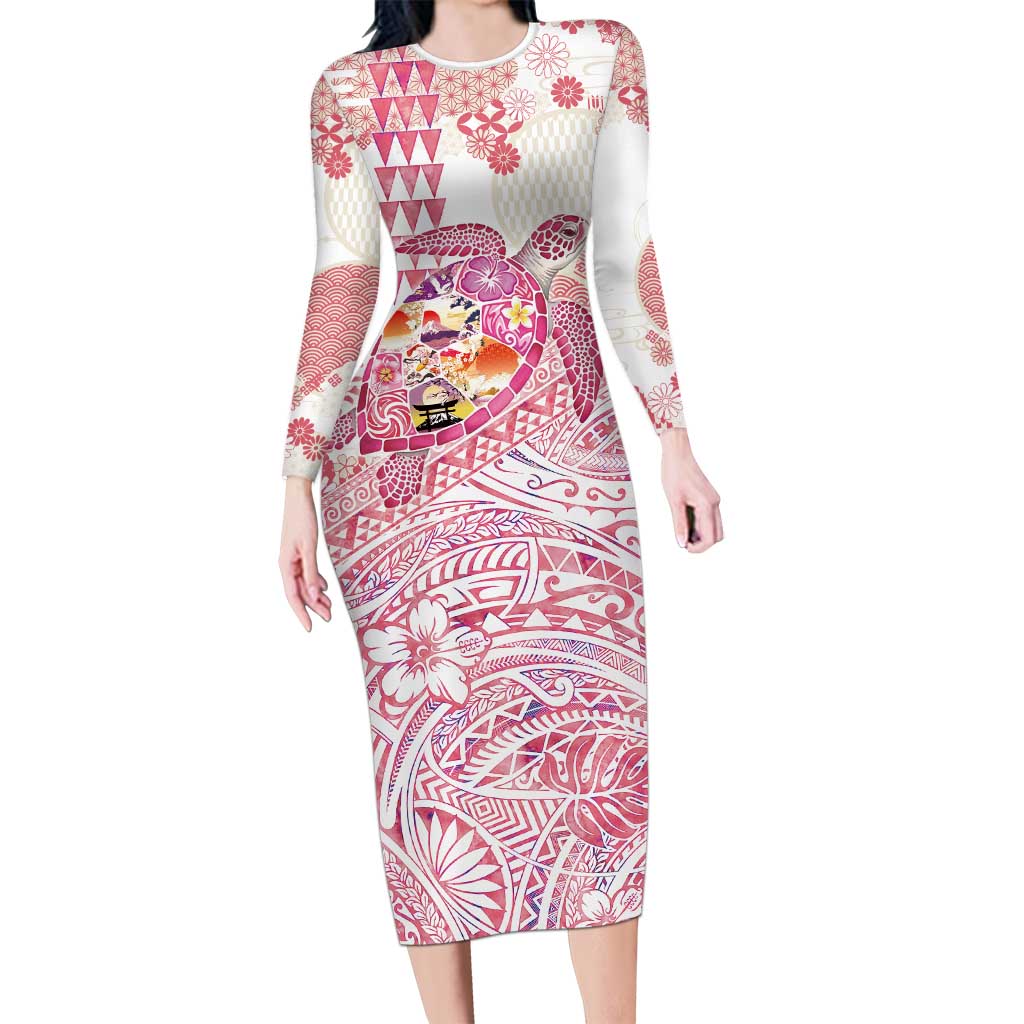 Hawaiian and Japanese Culture Together Family Matching Long Sleeve Bodycon Dress and Hawaiian Shirt Tropical Honu with Japanese Elements Pink Color