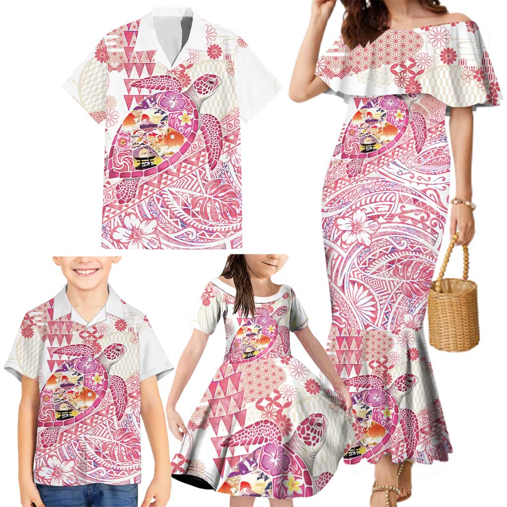 Hawaiian and Japanese Culture Together Family Matching Mermaid Dress and Hawaiian Shirt Tropical Honu with Japanese Elements Pink Color LT03 - Polynesian Pride