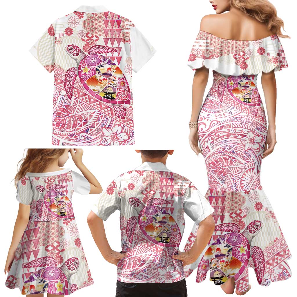 Hawaiian and Japanese Culture Together Family Matching Mermaid Dress and Hawaiian Shirt Tropical Honu with Japanese Elements Pink Color LT03 - Polynesian Pride