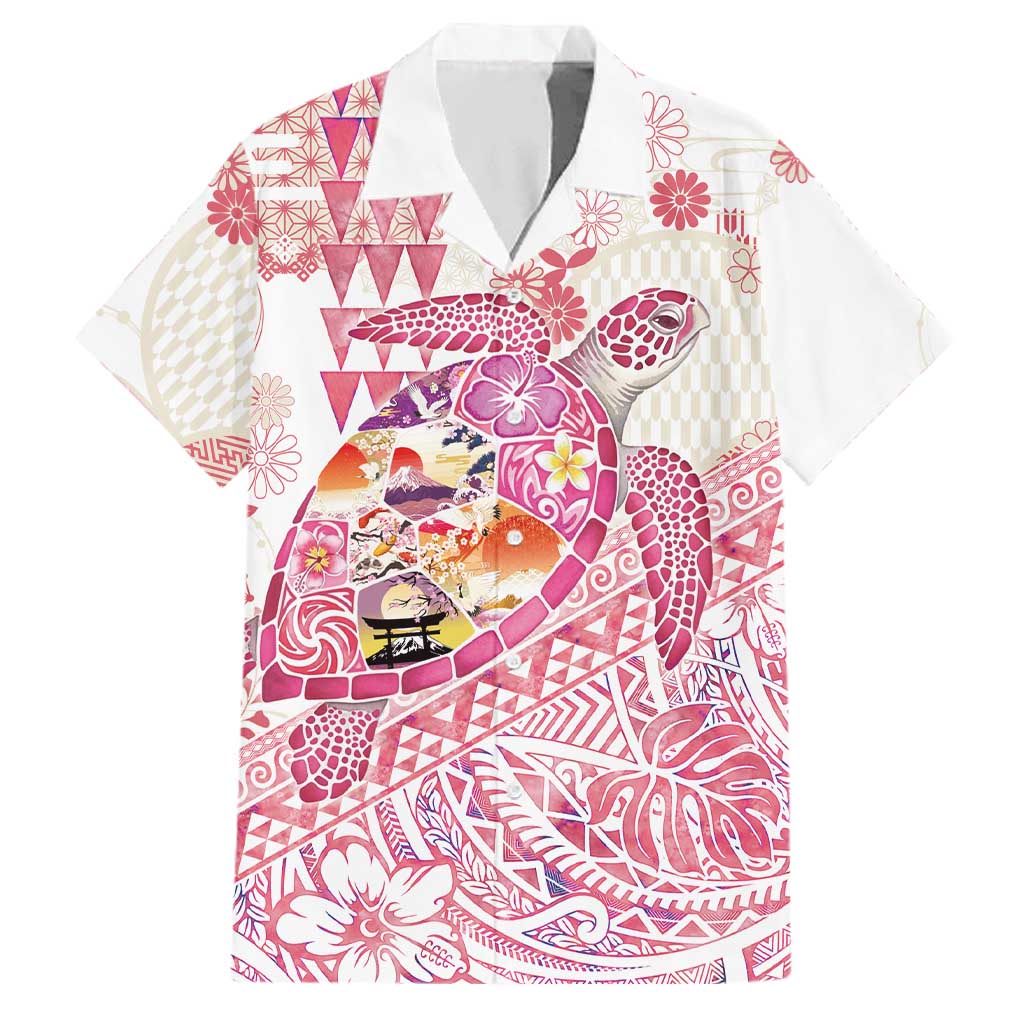 Hawaiian and Japanese Culture Together Family Matching Mermaid Dress and Hawaiian Shirt Tropical Honu with Japanese Elements Pink Color LT03 Dad's Shirt - Short Sleeve Pink - Polynesian Pride