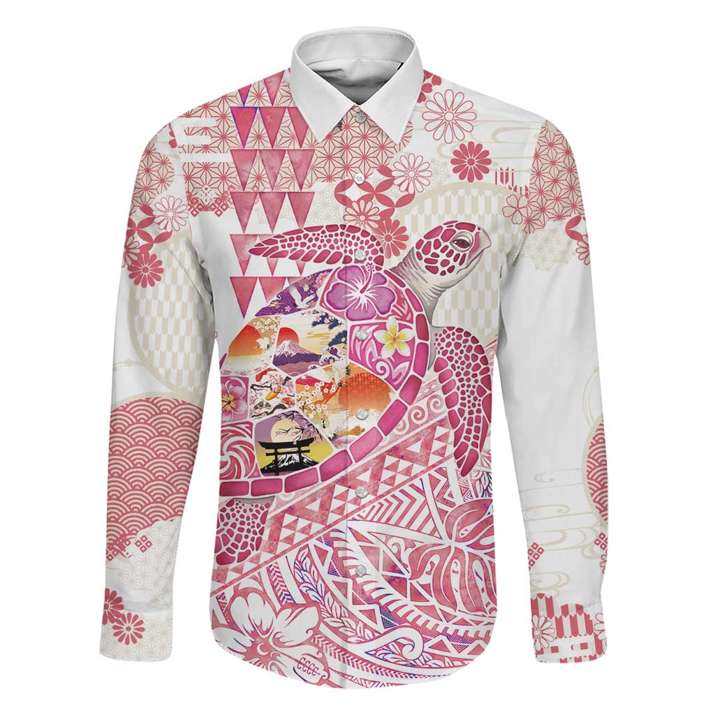 Hawaiian and Japanese Culture Together Family Matching Mermaid Dress and Hawaiian Shirt Tropical Honu with Japanese Elements Pink Color LT03 Dad's Shirt - Long Sleeve Pink - Polynesian Pride