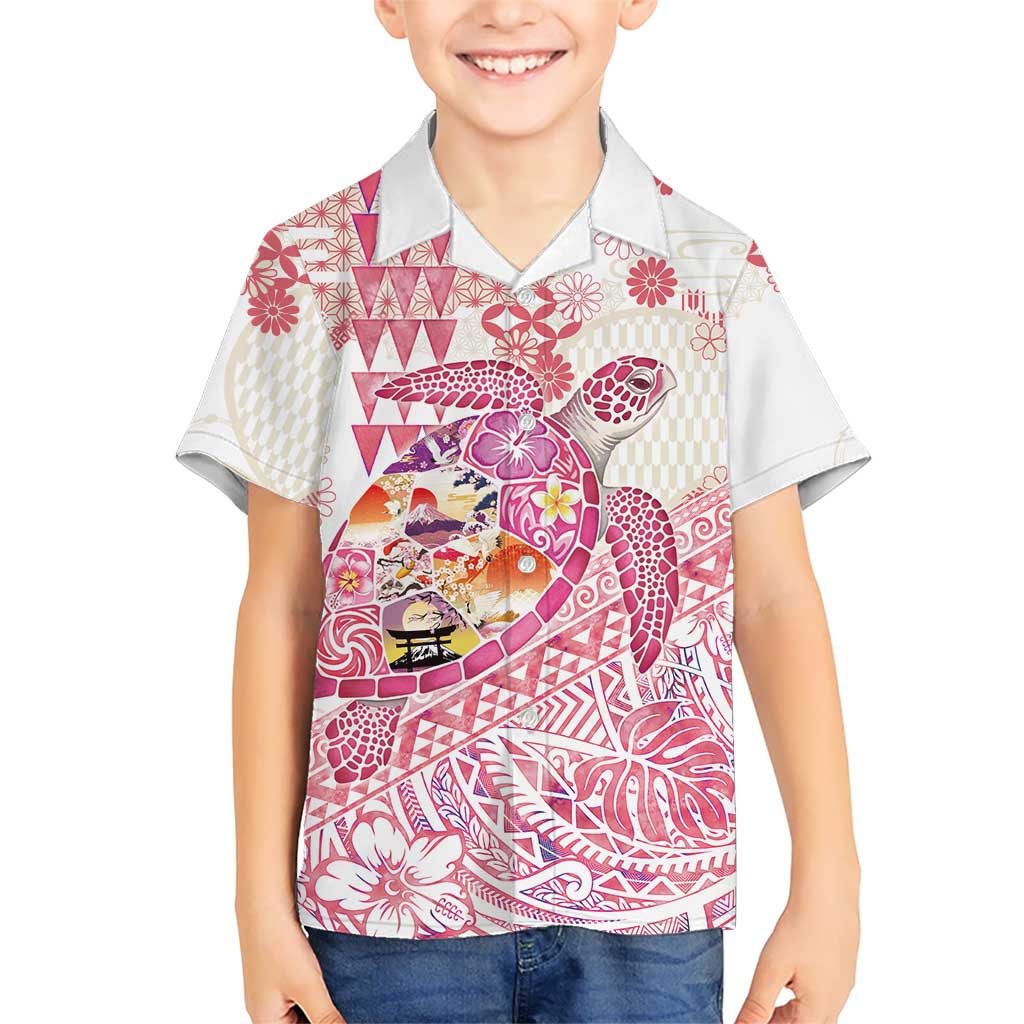 Hawaiian and Japanese Culture Together Family Matching Mermaid Dress and Hawaiian Shirt Tropical Honu with Japanese Elements Pink Color LT03 Son's Shirt Pink - Polynesian Pride