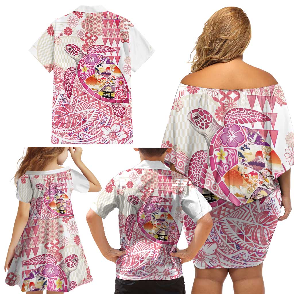 Hawaiian and Japanese Culture Together Family Matching Off Shoulder Short Dress and Hawaiian Shirt Tropical Honu with Japanese Elements Pink Color