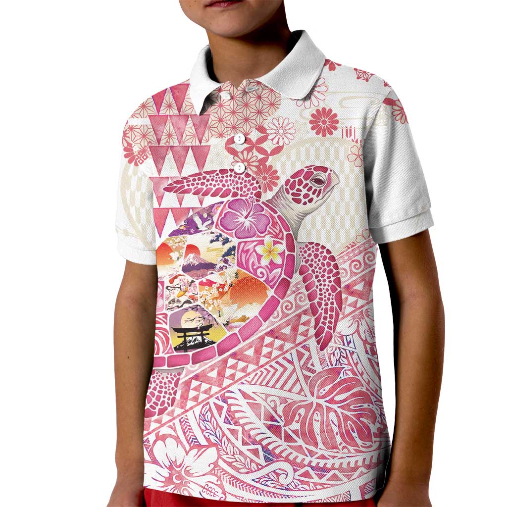 Hawaiian and Japanese Culture Together Kid Polo Shirt Tropical Honu with Japanese Elements Pink Color