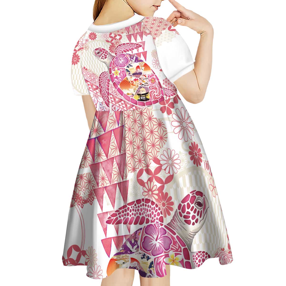 Hawaiian and Japanese Culture Together Kid Short Sleeve Dress Tropical Honu with Japanese Elements Pink Color
