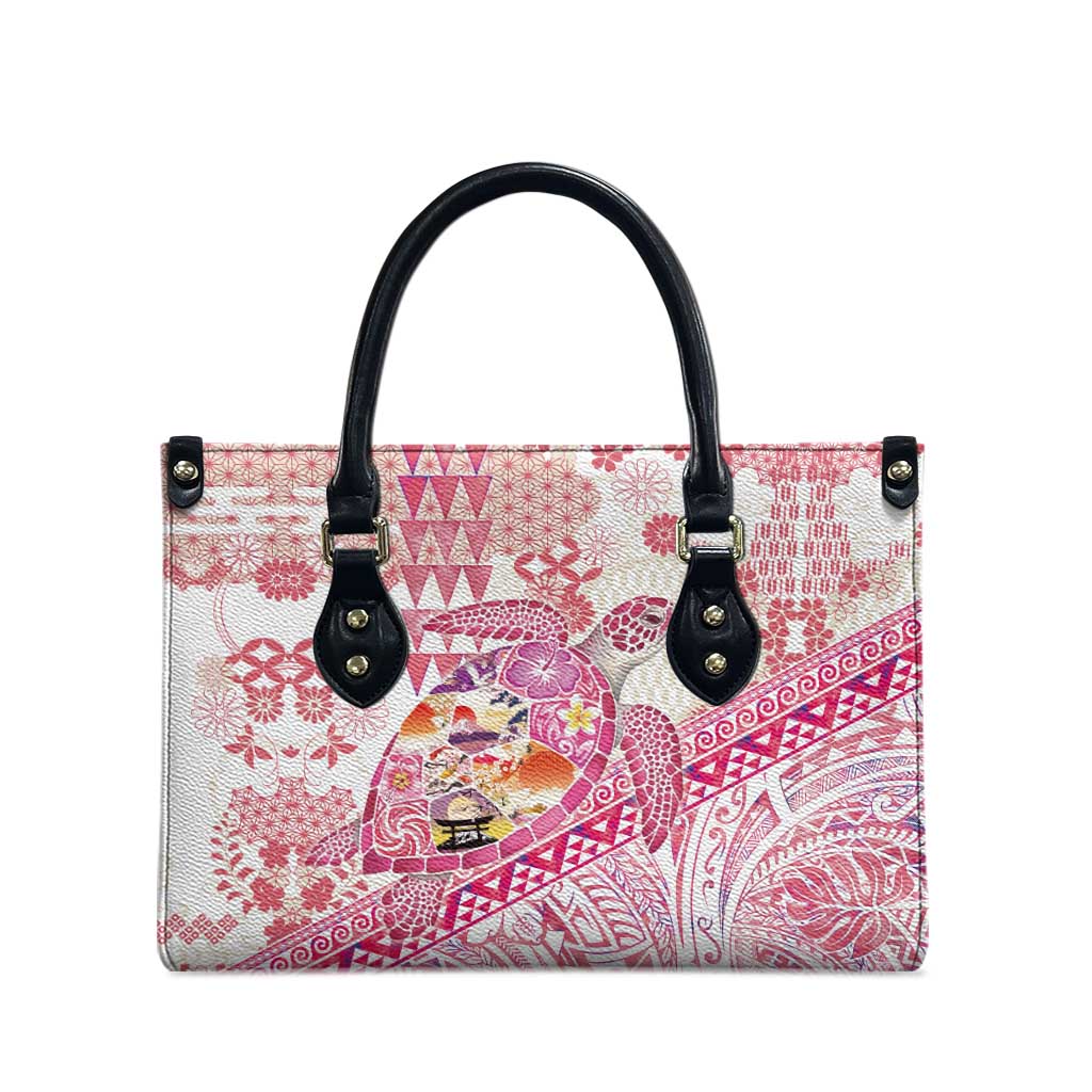 Hawaiian and Japanese Culture Together Leather Bag Tropical Honu with Japanese Elements Pink Color