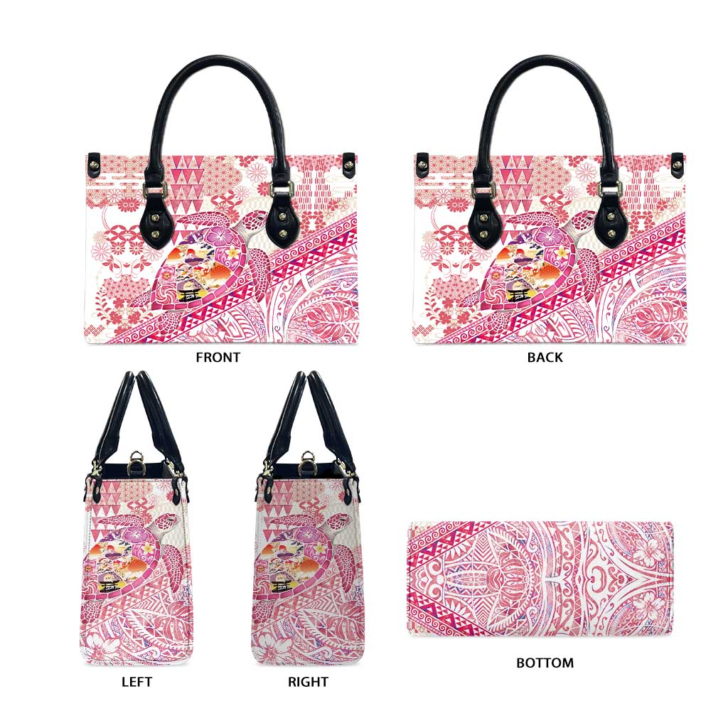 Hawaiian and Japanese Culture Together Leather Bag Tropical Honu with Japanese Elements Pink Color