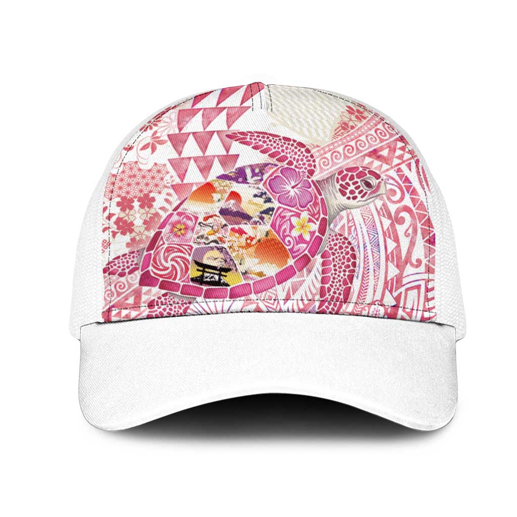 Hawaiian and Japanese Culture Together Mesh Trucker Cap Tropical Honu with Japanese Elements Pink Color