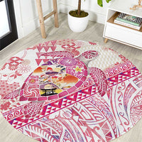 Hawaiian and Japanese Culture Together Round Carpet Tropical Honu with Japanese Elements Pink Color
