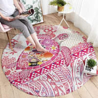 Hawaiian and Japanese Culture Together Round Carpet Tropical Honu with Japanese Elements Pink Color