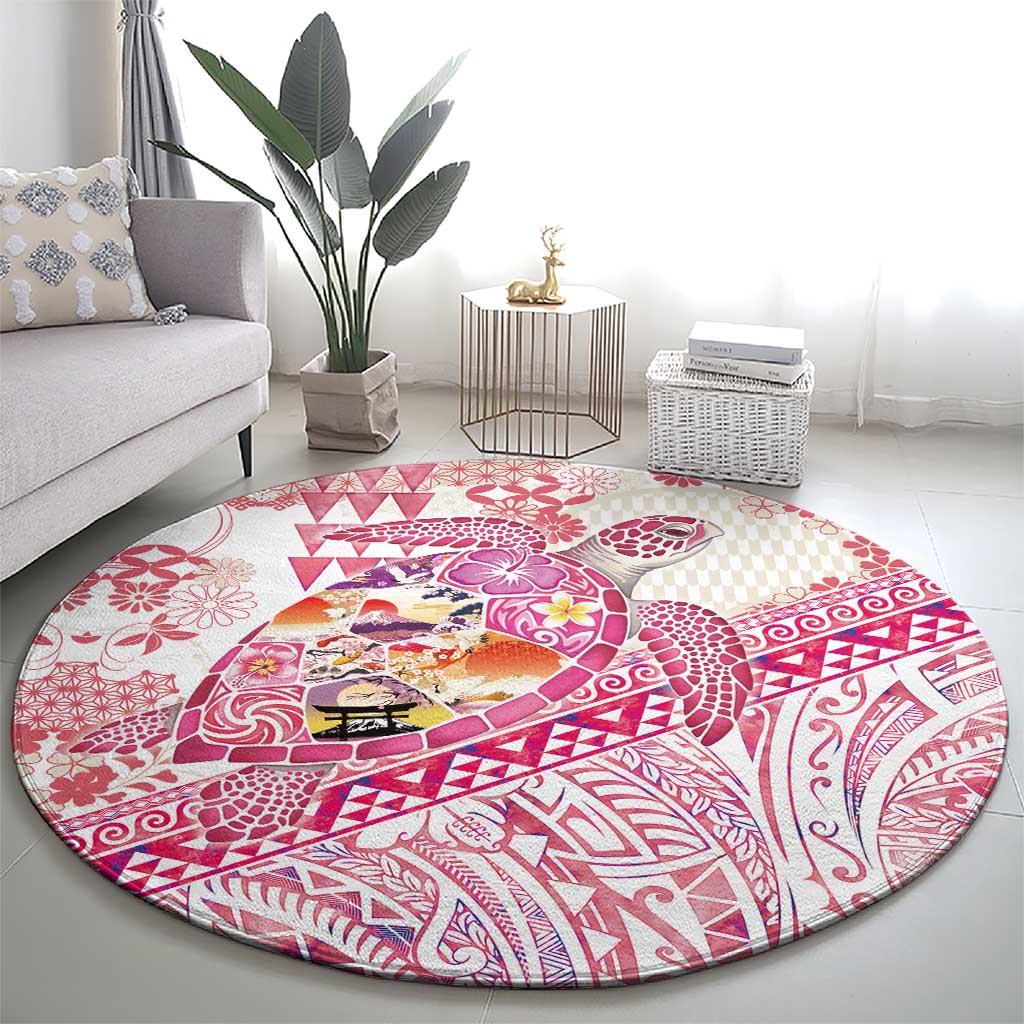 Hawaiian and Japanese Culture Together Round Carpet Tropical Honu with Japanese Elements Pink Color