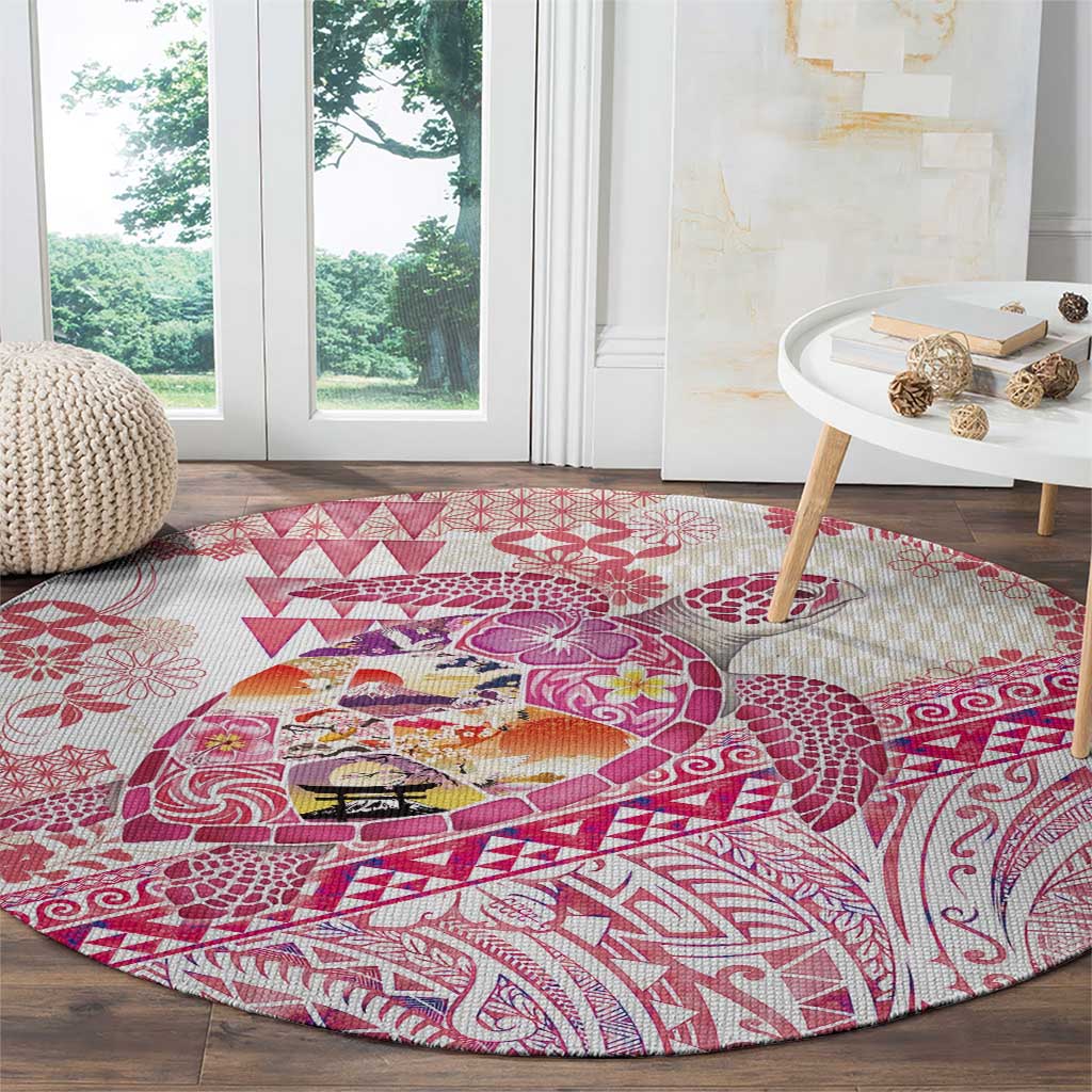 Hawaiian and Japanese Culture Together Round Carpet Tropical Honu with Japanese Elements Pink Color