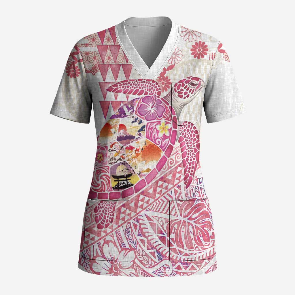 Hawaiian and Japanese Culture Together Scrub Top Tropical Honu with Japanese Elements Pink Color LT03 Adult Pink - Polynesian Pride