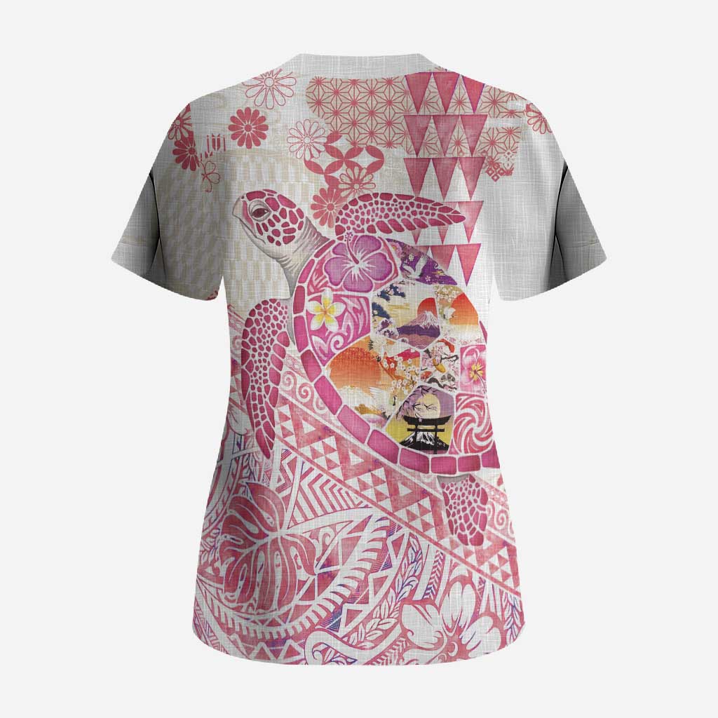 Hawaiian and Japanese Culture Together Scrub Top Tropical Honu with Japanese Elements Pink Color LT03 - Polynesian Pride