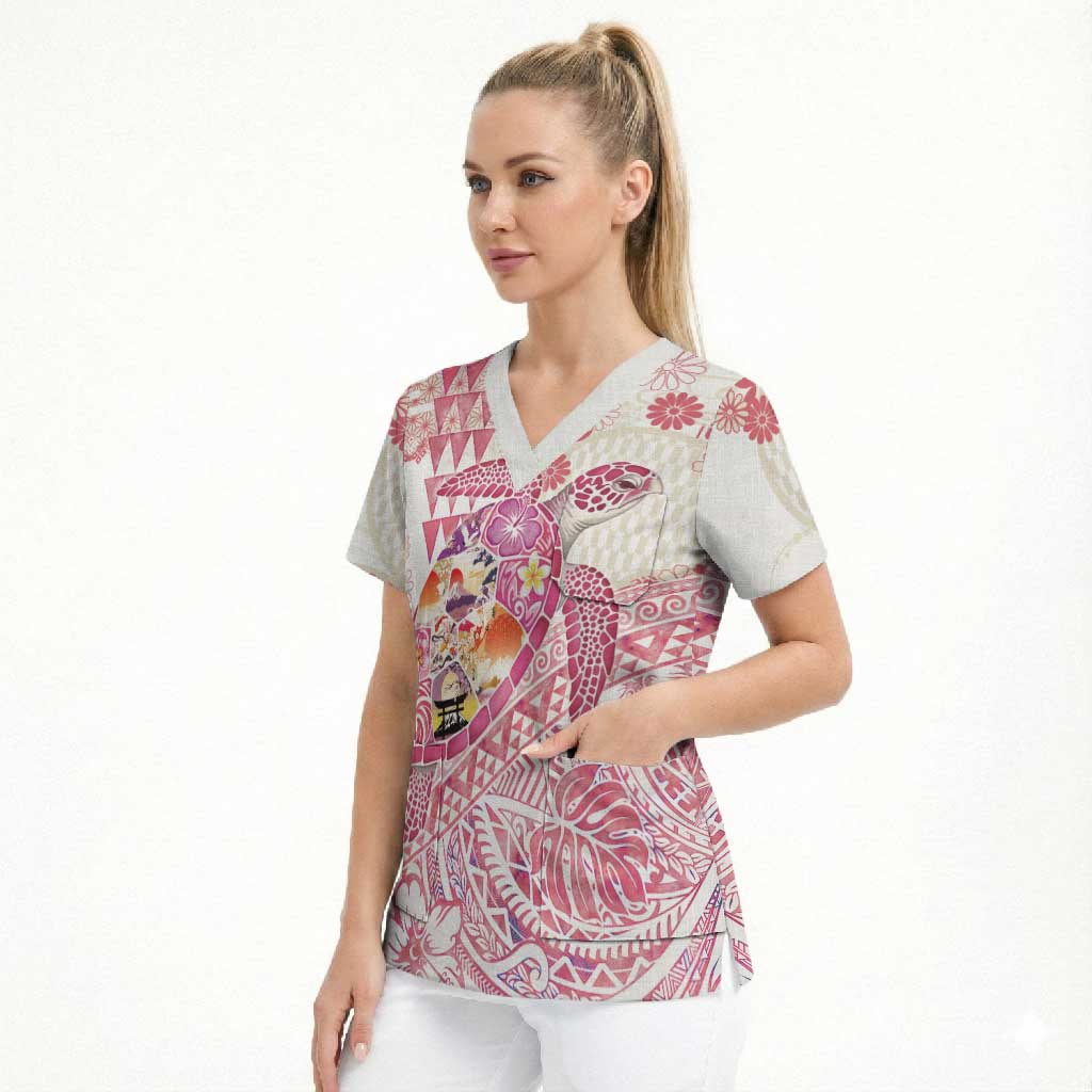 Hawaiian and Japanese Culture Together Scrub Top Tropical Honu with Japanese Elements Pink Color LT03 - Polynesian Pride